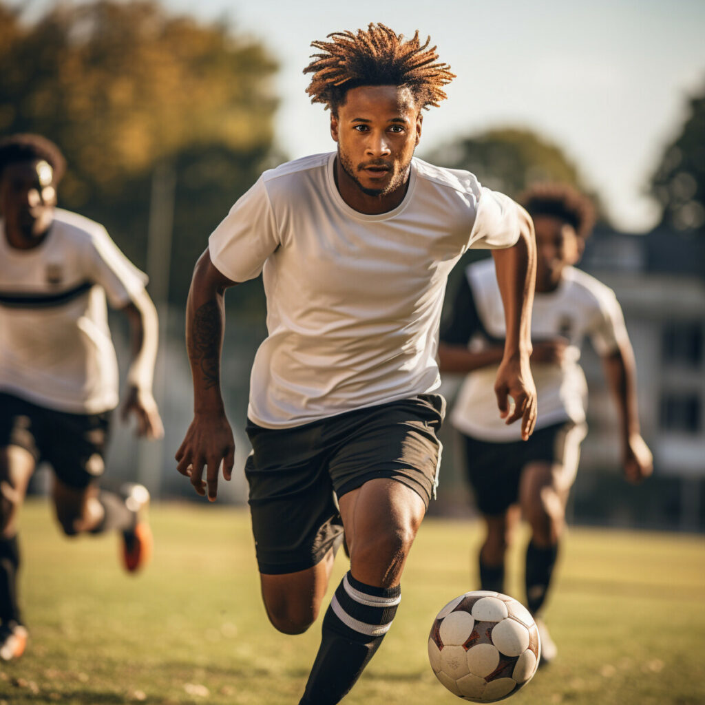 Male soccer player with ball grass field